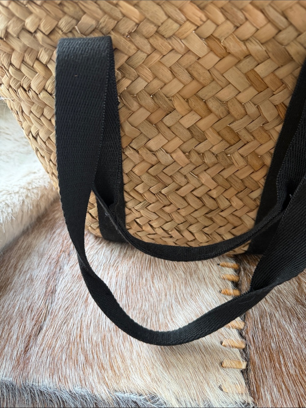 Woven Straw Tote Bag with Black Handles - Picture 4 of 6